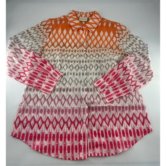 Chicos Shirt Womens Size 1 White Orange Pink Button Up Blouse Casual Cotton - Picture 1 of 8